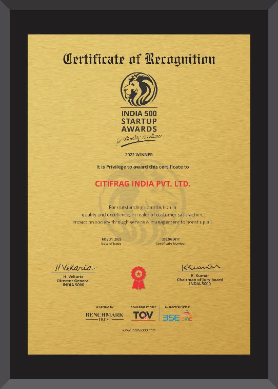 Certificate of Recognition from the India 500 Startup Awards 2022, awarded to Citifrag India Pvt. Ltd.