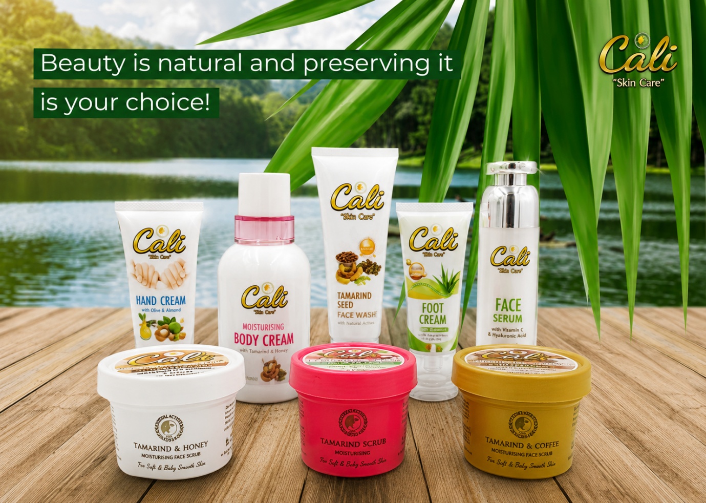 Cali Skin Care range — hand cream, body cream, tamarind seed face wash, foot cream, face serum and moisturising face scrubs
