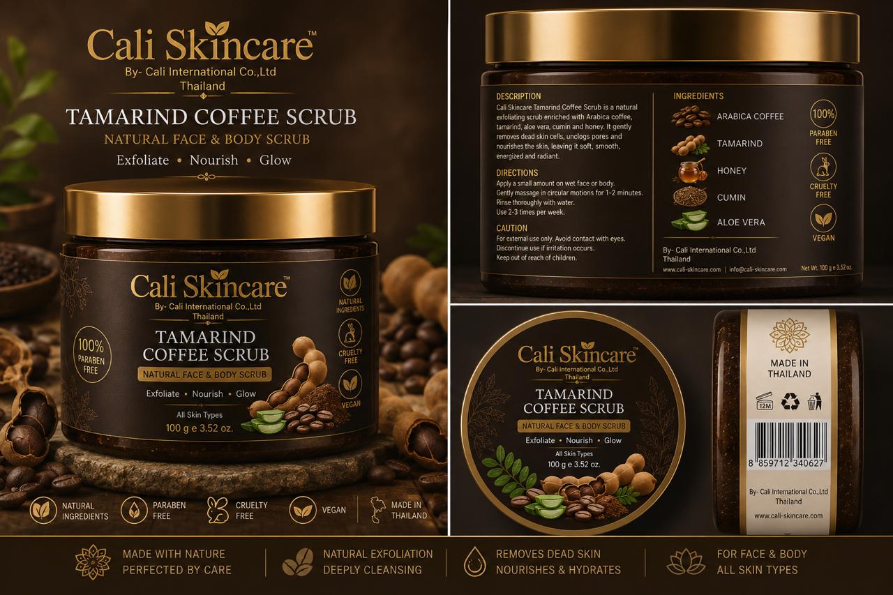 Cali Skincare Tamarind Coffee Scrub — natural face and body scrub with Arabica coffee, tamarind, honey, cumin and aloe vera