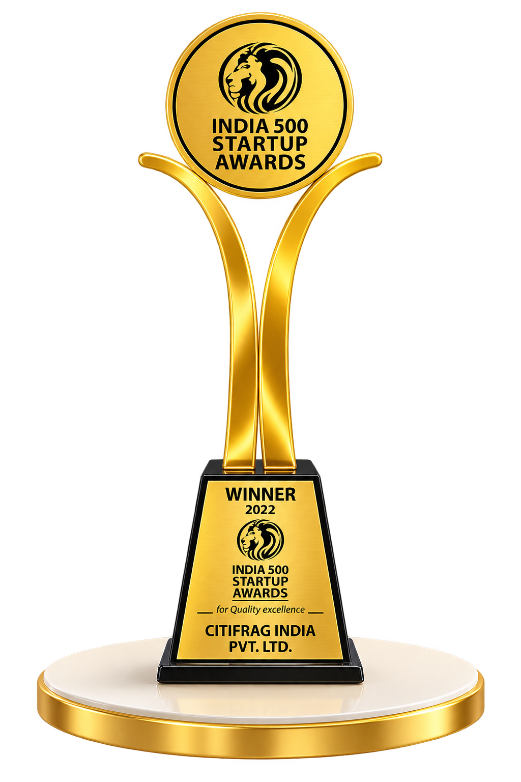India 500 Startup Awards 2022 Winner trophy — awarded to Citifrag India Private Limited