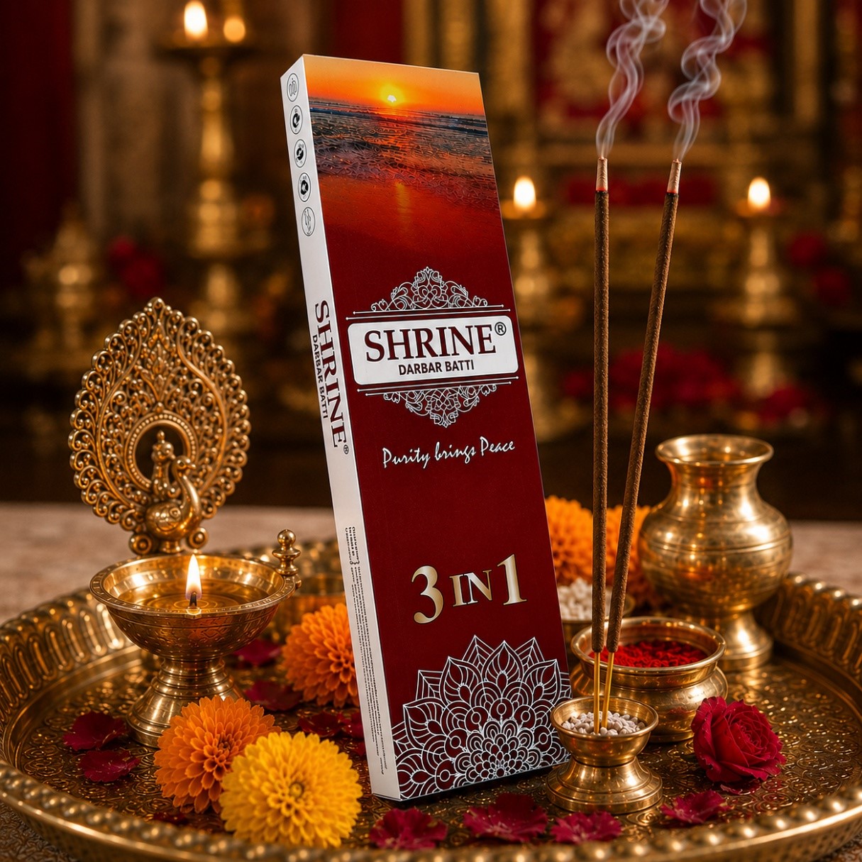 Shrine Darbar Batti 3-in-1 incense — premium box with lit incense sticks in a traditional puja setting with a diya, marigolds and brass ware