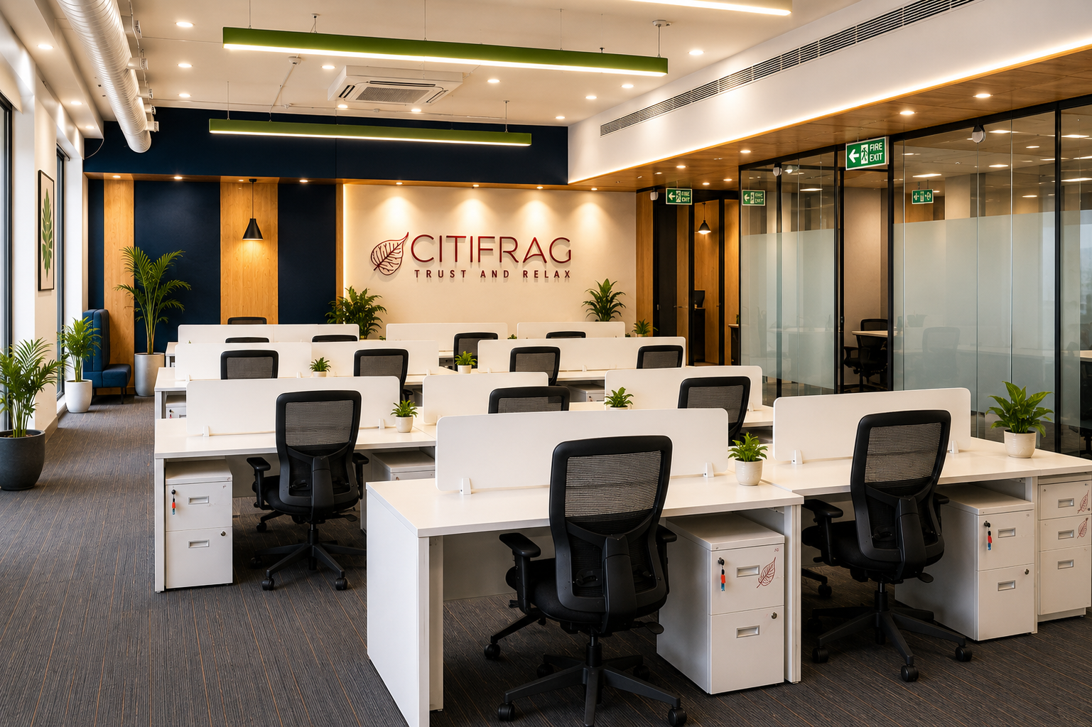 Inside the Citifrag India office — a modern, calm workspace with the CITIFRAG Trust and Relax brand wall